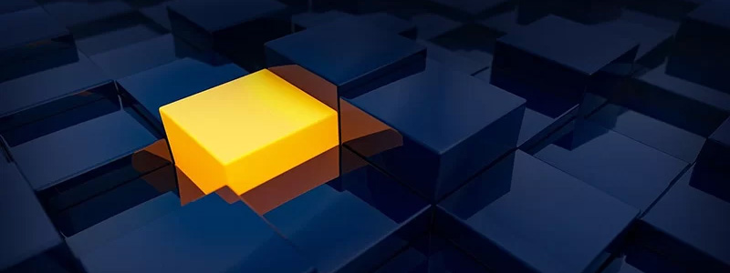 Dark blue cubes of different heights with one yellow glowing cube