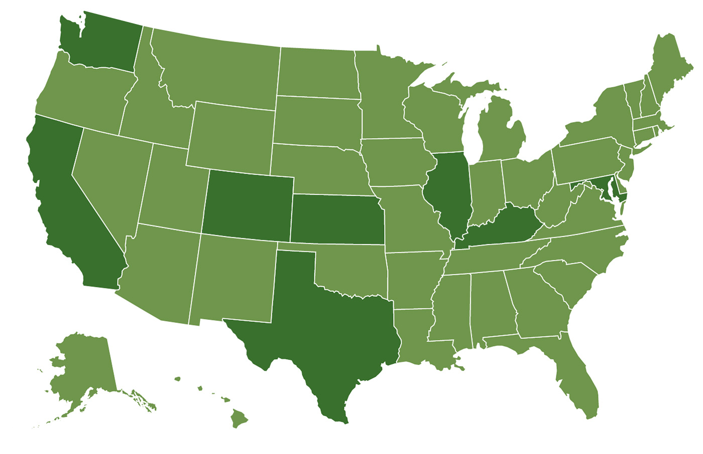 light green continental United States map with dark green Washington California Texas Colorado Kansas Illinois Kentucky and Maryland
