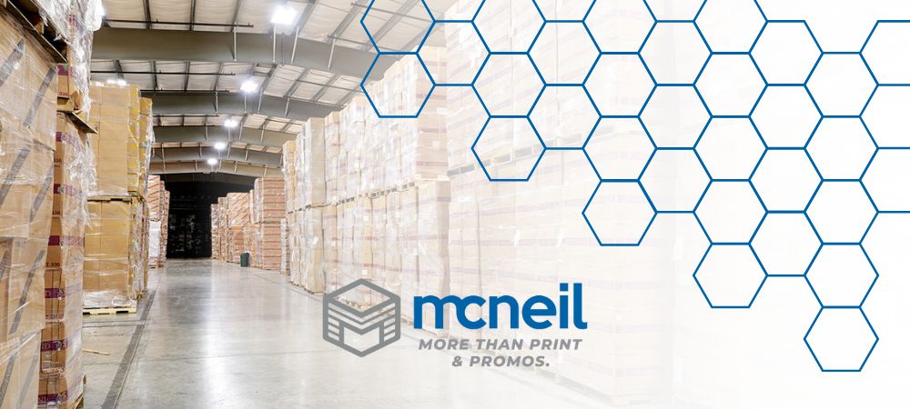 blue honeycomb pattern over a white gradient over a warehouse image with the McNeil Printing logo
