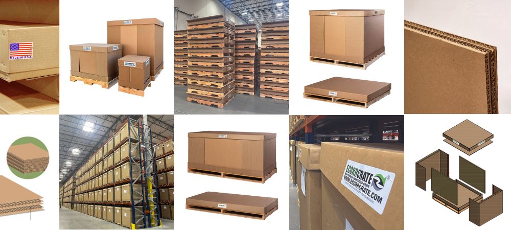 assorted Ecorrcrates in constructed and knock down formats as well as exploded view and in the warehouse